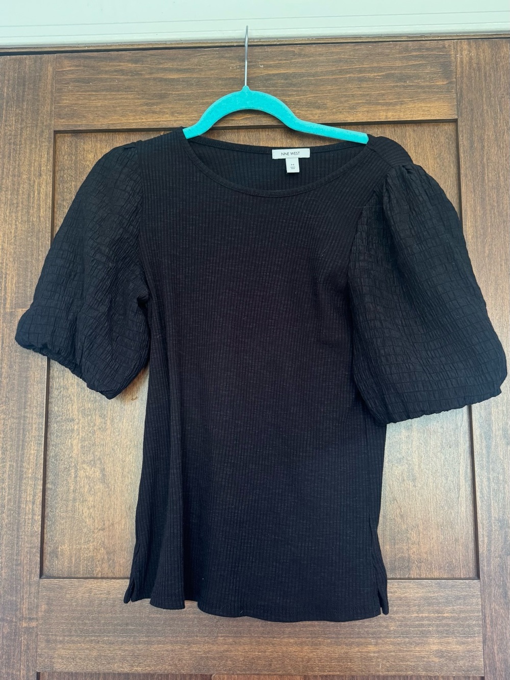 Nine West Black Puff-Sleeve Ribbed Top with Textured Sleeves